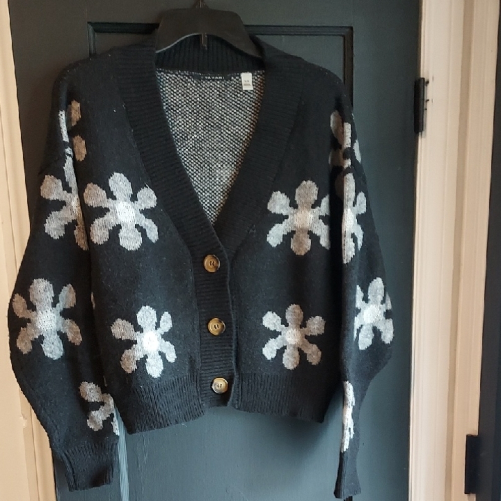 T Tahari Black and Gray Floral Cardigan